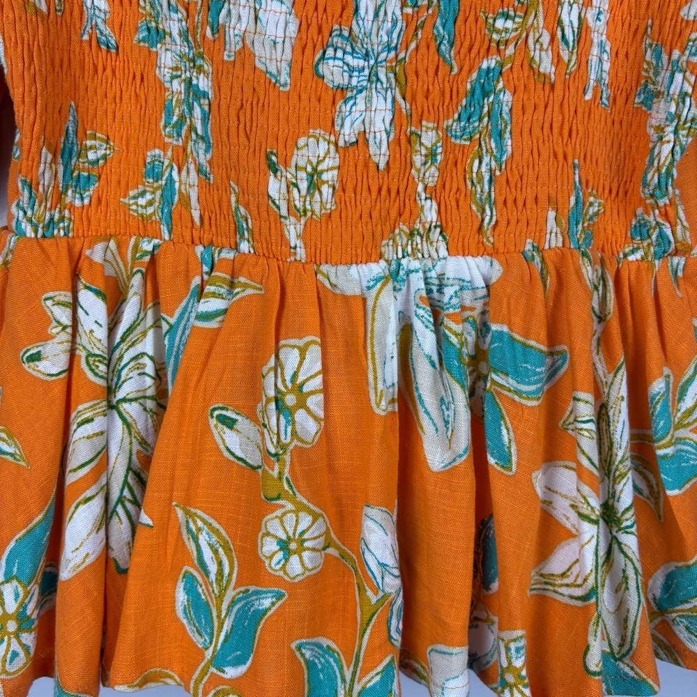 Flying Tomato Orange Floral Linen Off Shoulder Puff Sleeve Blouse M - Picture 6 of 7